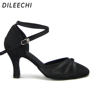 DILEECHI Black satin latinské tanečné topánky dámske spoločenský tanec topánky moderné tanečné topánky, mäkká podrážka