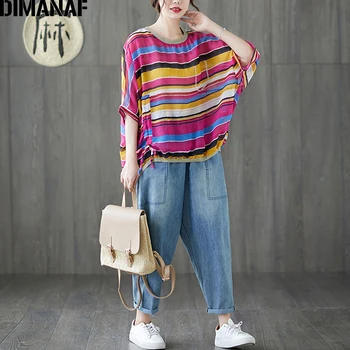 DIMANAF Plus Veľkosť Trička Ženy Oblečenie Letné Základné Lady Topy, Tuniky Tee Tričko Bavlna Bielizeň Voľné Bežné tričko Pruhované Tlač