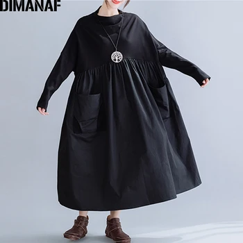 DIMANAF Plus Veľkosť Zimné Vintage Ženy Šaty Nadrozmerná Voľné Skladaný Žena Lady Vestidos Elegantné Pevné Čierne Šaty Dlhý Rukáv
