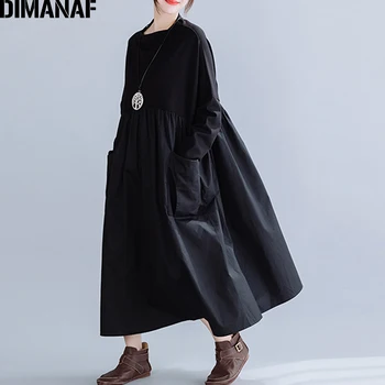 DIMANAF Plus Veľkosť Zimné Vintage Ženy Šaty Nadrozmerná Voľné Skladaný Žena Lady Vestidos Elegantné Pevné Čierne Šaty Dlhý Rukáv