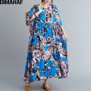 DIMANAF Plus Veľkosť Ženy Šaty Bavlna Tlač Sundress Elegantná Dáma Vestidos Voľné Bežné Skladaný Maxi Dlhé Šaty 5XL 6XL Oblečenie