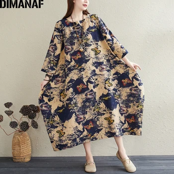 DIMANAF Plus Veľkosť Ženy Šaty Vintage Žena Vestidos Oblečenie Bavlnená posteľná Bielizeň Voľné Elegantné Tlač Lady Dlhý Rukáv Maxi Šaty 2020