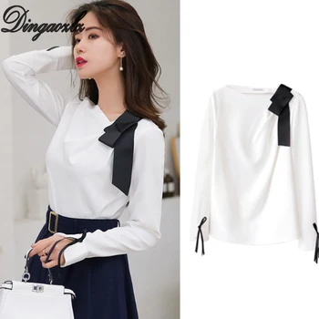 Dingaozlz elegantný dlhý rukáv lady topy 2018 nový kórejský módne luk šitie bežné blúzka ženy oblečenie office tričko