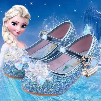Disney Mrazené Elsa Princezná Dievčatá Kožené Crystal Topánky Lesk Bežné Vysoké Podpätky Dievčatá Sandály Ružová Modrá Strieborná Elsa Topánky