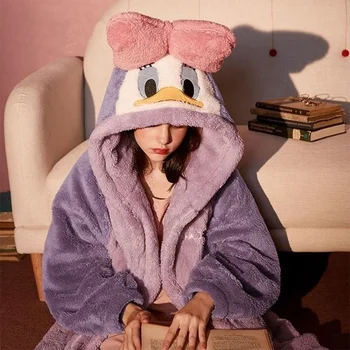 Disney Pajama Zimné Ženy Župan Nastaviť Donald Duck Luk Hooded Flannel Nightgowns Roztomilý Teplé Coral Fleece Pyžamo Domáce Oblečenie Bata Mujer