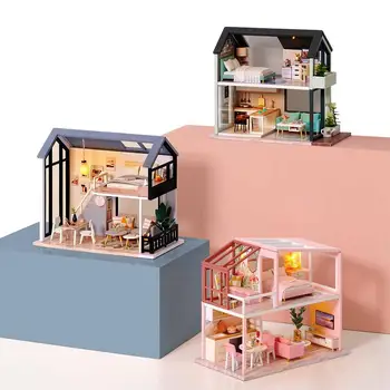 DIY domček pre bábiky Miniatúrne Hračky Ručne vyrábané Drevené Doll House Model, Nábytok, Hračky Pre Deti Vianočný Darček k Narodeninám