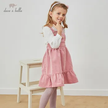 DKS14966-2 dave bella jeseň girl móda luk pevný popruh vrecká šaty deti podväzkové šaty deti detská lolita oblečenie