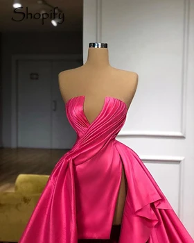 Dlho arabský Štýl Večerné Šaty 2020-line Vysoká Štrbinou Hot Pink Satin Dubaj Ženy Elegantné Formálne Šaty