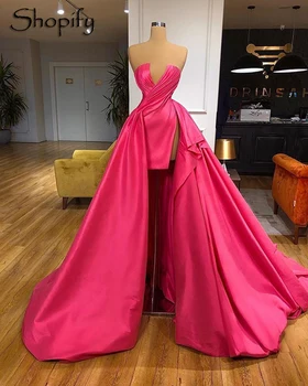 Dlho arabský Štýl Večerné Šaty 2020-line Vysoká Štrbinou Hot Pink Satin Dubaj Ženy Elegantné Formálne Šaty