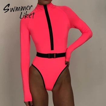 Dlhé rukávy jednodielne plavky ženy Sexy neon plavky ženský Pás zips monokiny Vysoká krku na kúpanie oblek kombinézu 2020 lete