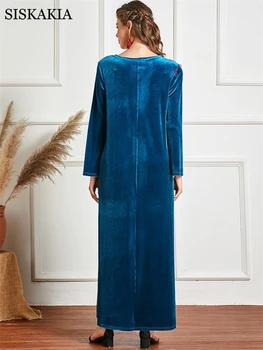 Dlhý Rukáv Velvet Výšivky Maxi Šaty pre Ženy, Zimné 2020 Elegantné Moslimských Dubaj Marockej arabčine Šaty Plus Veľkosť Modrá Nové