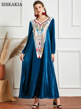 Dlhý Rukáv Velvet Výšivky Maxi Šaty pre Ženy, Zimné 2020 Elegantné Moslimských Dubaj Marockej arabčine Šaty Plus Veľkosť Modrá Nové