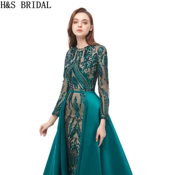 Dlhý Rukáv Večer Morská víla Šaty Večerné Šaty Flitrami Zelené Šaty Ples 2019 moslimských arabčina večerné šaty Odnímateľný Vlak