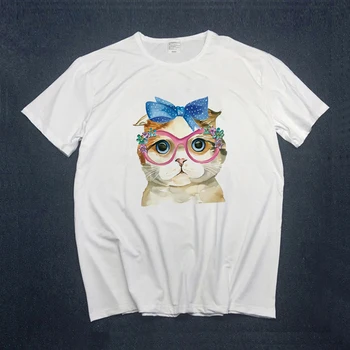 Dlrn Ženy Cartoon Bežné Krátky Rukáv Akvarel Luk Cat Lady T-shirts Top T Shirt Ladies Dámske Grafické Ženský Čaj T-Shirt