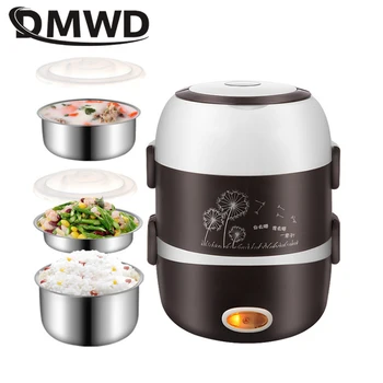 DMWD Elektrická Mini varič na ryžu 2/3 vrstvy z nehrdzavejúcej ocele líniové prenosné vajcia kotla parník potravín teplejšie lunch box multicooker 2L