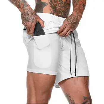 Doble capa Jogger pantalones cortos hombres 2 sk 1 pantalones cortos gimnasios Fitness construido-en el bolsillo de las Bermudas