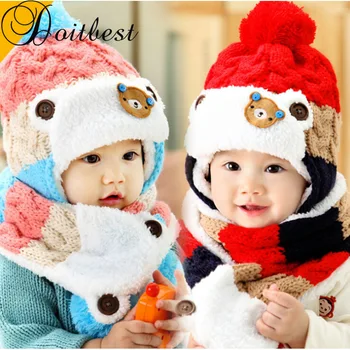 Doit 12 mesiacov do 4 Y deti Čiapky 2018 Kórea Medveď dieťa chlapcov Pletené čiapky zime 2 ks kožušiny, baby, dievčatá zimné klobúk a šatku