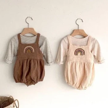 Dojčenské Oblečenie Set Sa Dieťa Prekladané Dlhý Rukáv T Shirt + Kombinézu Deti Chlapci Dievčatá Trakmi Novorodenca Oblečenie Sady Baby Jumpsuit