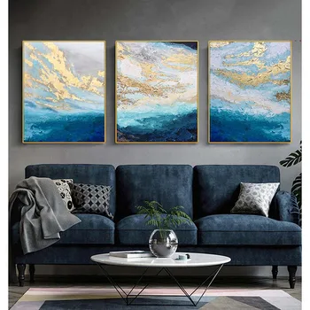 Domáce dekorácie kusy zlatej fólie dizajn blue sky krajiny Ručne ťahané olejomaľba na plátno na stenu umenie obrázok pre obývacia izba