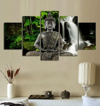 Domáce Výzdoba Steny v Obývacej Izbe Obrázkov 5 Ks/Ks Buddha Vodopád Umenie Maľba Modulárny HD Vytlačené Plátno Plagáte Bez Rámu