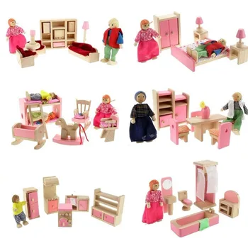 Domček pre bábiky s Nábytkom Manželská Posteľ s Vankúše a Deky Drevená Bábika Kúpeľňový Nábytok domček pre bábiky Miniatúrne Deti Dieťa Hrať Hračka