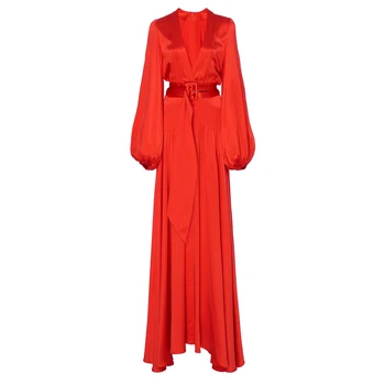 Dovolenka Boho Plážové Šaty Žien 2020 Jar Leto Vintage Červená tvaru Svietidla Rukáv Split Skladaný Dlhé Šaty Žena