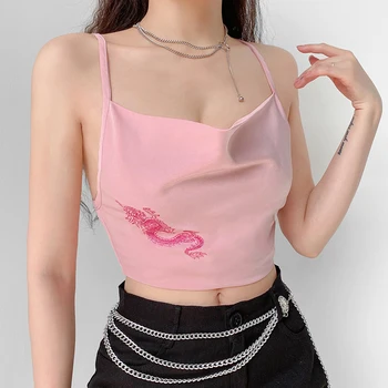 Dragon Tlač Vyšívanie Ženy Plodín Topy Streetwear Backless Kríž Zviazať Camis Ružovú Sexy Letné Nové Žien Top
