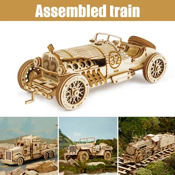 Drevené 3D Puzzle Vlak Model DIY Drevený Vlak Hračky Mechanické vlak model auta GQ