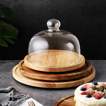 Drevený podnos s sklenený kryt Otočná Agátu drevo okrúhly koláč tanier dezertný popoludňajší čaj ovocný olovrant chlieb, misky