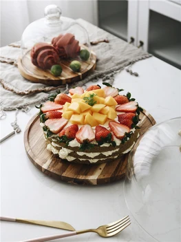 Drevený podnos s sklenený kryt Otočná Agátu drevo okrúhly koláč tanier dezertný popoludňajší čaj ovocný olovrant chlieb, misky