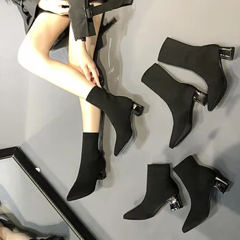 DRFARGO Topánky Ženy Elastické Roboty Pošmyknúť na Pletenie Ponožky, Topánky Blok Päty Čierne Členkové Topánky Ženskej Módy Muje Zapatos veľkosť 40