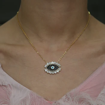 Drobné zlatá farba tenké reťazca oko náhrdelník s čiernym smaltom s cz spevnené ženy veľkoobchod zlým okom prívesok náhrdelník šperky