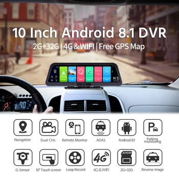 Dropshipping E-ACE D16 Auta Dvr Android 8.1 Dash Fotoaparát 4G GPS Navigácie 10 Palcový Spätné Zrkadlo FHD 1080P Video Rekordér ADAS