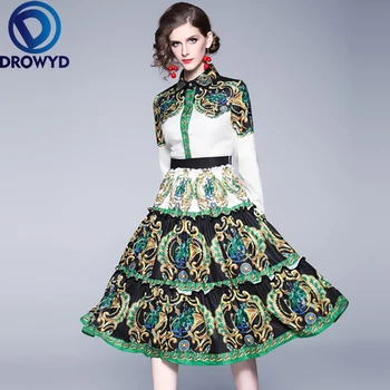 DROWYD Snordic Zelená Tlač Midi Šaty Kráľovná Bežné Ženy Módne Dievča Boho Long-sleeve Skladaný Office Lady Šaty 2019 Vestidos