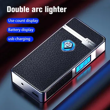 Dual Arc USB Elektrický Zapaľovač Pu Kožené puzdro Digitálny Displej Zapaľovač Cigariet Vetru Plazma Ľahšie Elegantné Pre Pánske Dary