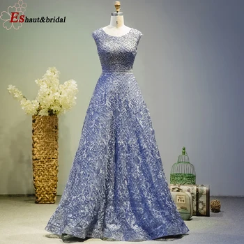 Dubaj Krajky Crystal Ručné Aline O-krku Večerné šaty 2020 Dlhé Modré Spp bez Rukávov arabčina Formálnej Strany Plášte