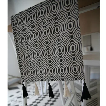 DUNXDECO Stôl Runner Obrus Kryt Textílie Nordic Geometrické Biela Čierna Geometrické Strapce Moderné Domáce Kancelárie Obchod Dekorácie