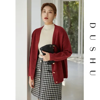 DUSHU Červená plus veľkosť zimné pletený sveter Ženy dlhý rukáv elegantné vlna nadrozmerné svetre Knitwear vintage žena jumper top