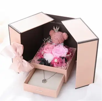 Dvakrát dvere Náhrdelník Prívesok Box Kvetinové Šperky Zobraziť Darčekovej krabičke s Umelé Ruže Medveď Dekor na Valentína Súčasnosti 30E