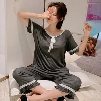 Dve Kus Leto Doma Oblečenie Pre Ženy Bavlnené Pyžamo Nastaviť Kórejský Sladké Ružové Sleepwear Žena Plus Veľkosť Voľné Oblečenie Pre Voľný Čas Oblek