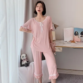 Dve Kus Leto Doma Oblečenie Pre Ženy Bavlnené Pyžamo Nastaviť Kórejský Sladké Ružové Sleepwear Žena Plus Veľkosť Voľné Oblečenie Pre Voľný Čas Oblek