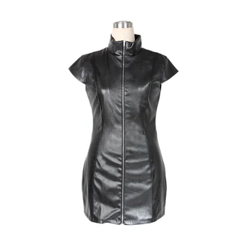 Dámske Black PU Kožené Šaty Elegantné Ženy Vinyl Bodycon Mini Šaty na Zips Otvoriť Wetlook Latex Clubwear Party Šaty Vestidos