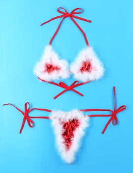 Dámske Dámy Vianočné Maškarné Kostýmy Santa Bikini Exotické priesvitný Set spodnej Bielizne Biele Pierko Zdobené Tie-na Podprsenka Top a G-string Nohavičky
