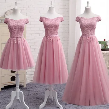 Dámske krátke formálne prom večerné šaty Plus veľkosť off rameno bez rukávov čipky, satén svadobné party šaty ružové šaty bridesmaid