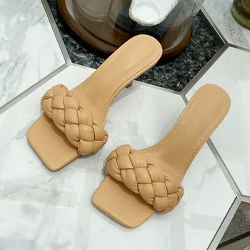Dámske Letné Topánky Móda Väzbe Štvorcové Prst Sandále Kvalitné Sandále Ženy 2020 Mača Podpätky Listov dámske Papuče