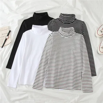 Dámske tričká kórejský Harajuku Študentka, Bežné Ženy t-shirt 2021 Jar prúžok slim čierne tričko s Dlhým rukávom bielej hore