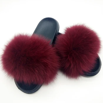 Dámske Zimné Chlpaté Papuče Krytý Teplé Fox Kožušiny Papuče Čierna Načechraný Plyšové Topánky Ženy Listov Flip Flops Sandále Veľká Veľkosť Hot