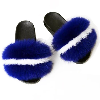 Dámske Zimné Chlpaté Papuče Krytý Teplé Fox Kožušiny Papuče Čierna Načechraný Plyšové Topánky Ženy Listov Flip Flops Sandále Veľká Veľkosť Hot