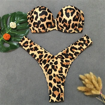 Dámske Zlaté Bikini Set Sequined Polstrovaná Zaniknúť Bandeau Plavky Lesk Pláži Plavky Leopard Tlač Plavky