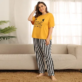 Dámy jeseň plus veľkosť pyžamá pre ženy, krátky rukáv voľné yellow stripe tričko a dlhé nohavice domov nosiť oblek 4XL 5XL 6XL 7XL